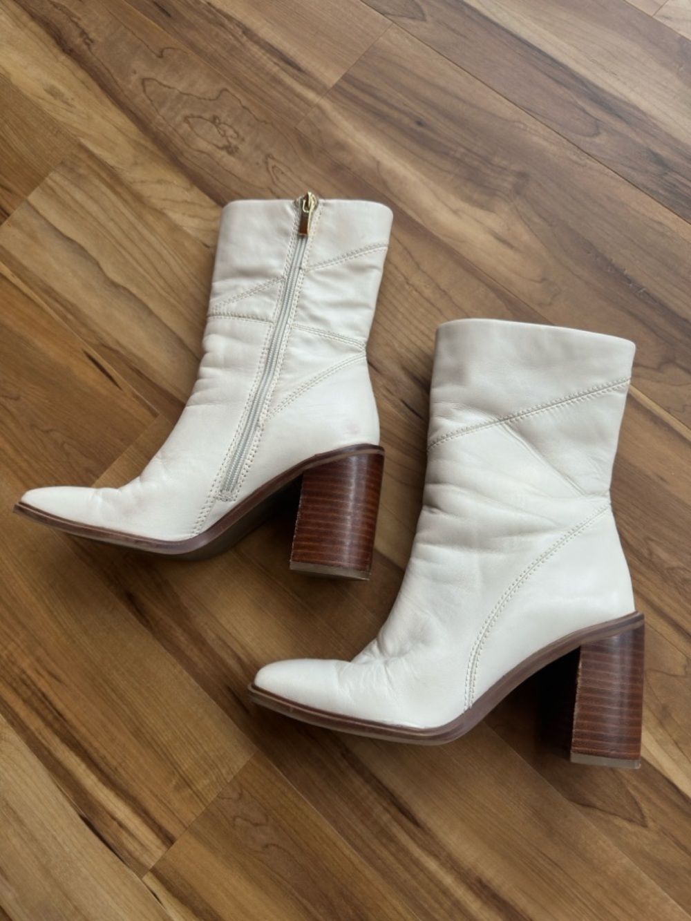 Franco Sarto STEVIE White Leather Mid-Calf Block Heel Boots cowgirl go-go